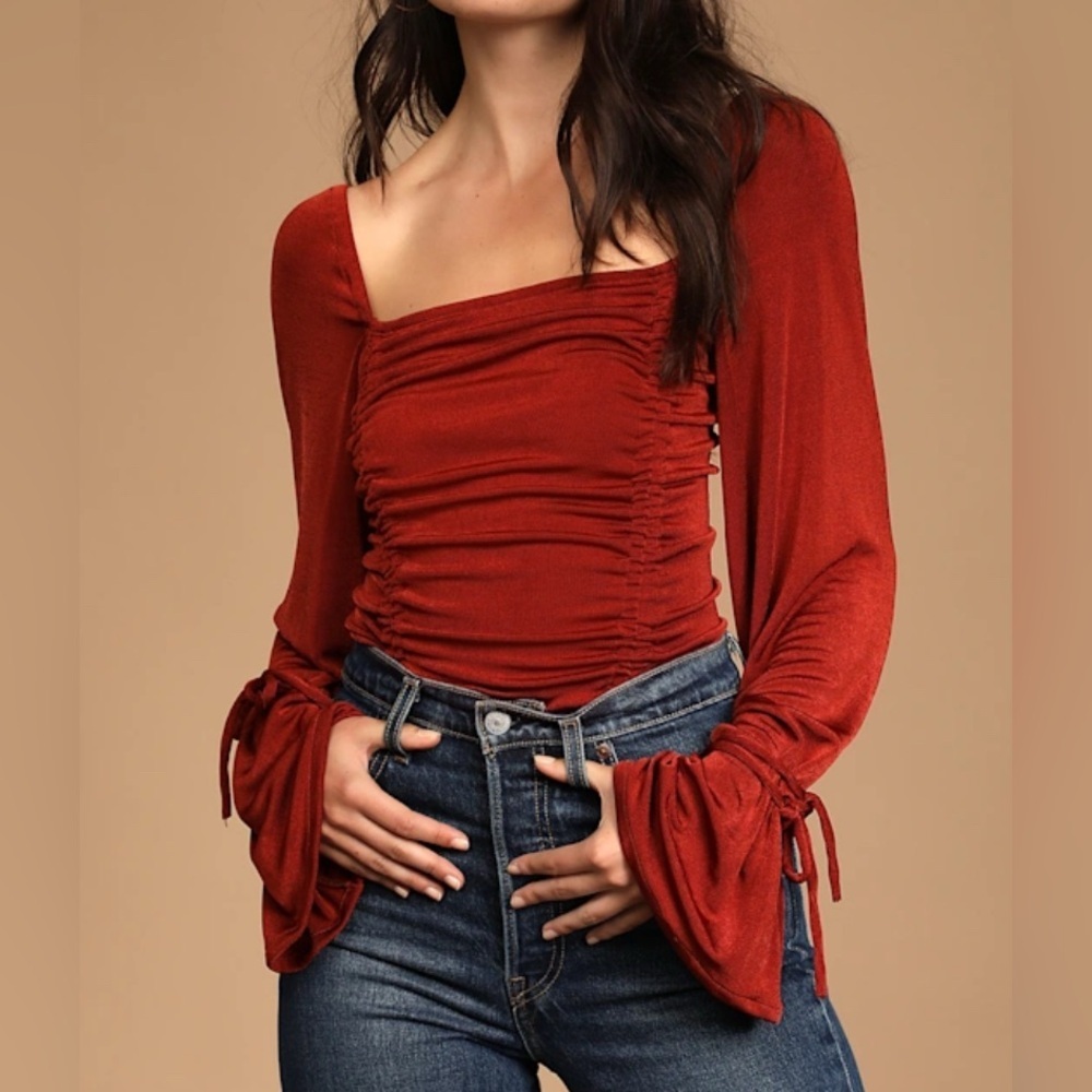 Free People Rust Red Ruched Long Sleeve Bodysuit